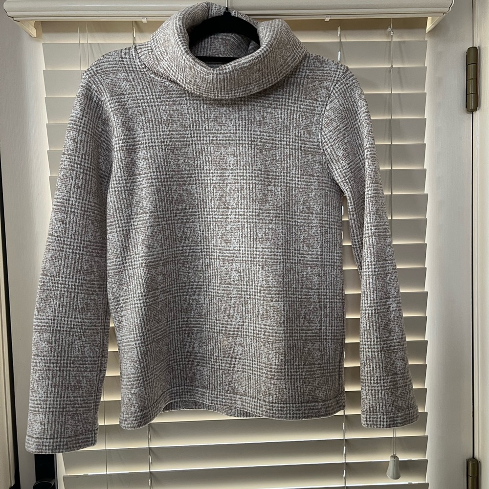 J Crew fleece lined cowl neck sweater. Size small. Tan and white